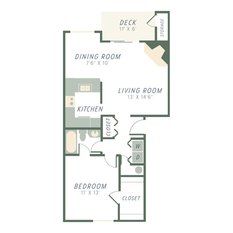 Floor plan for 1 bed, 1 bath, 730 sqft